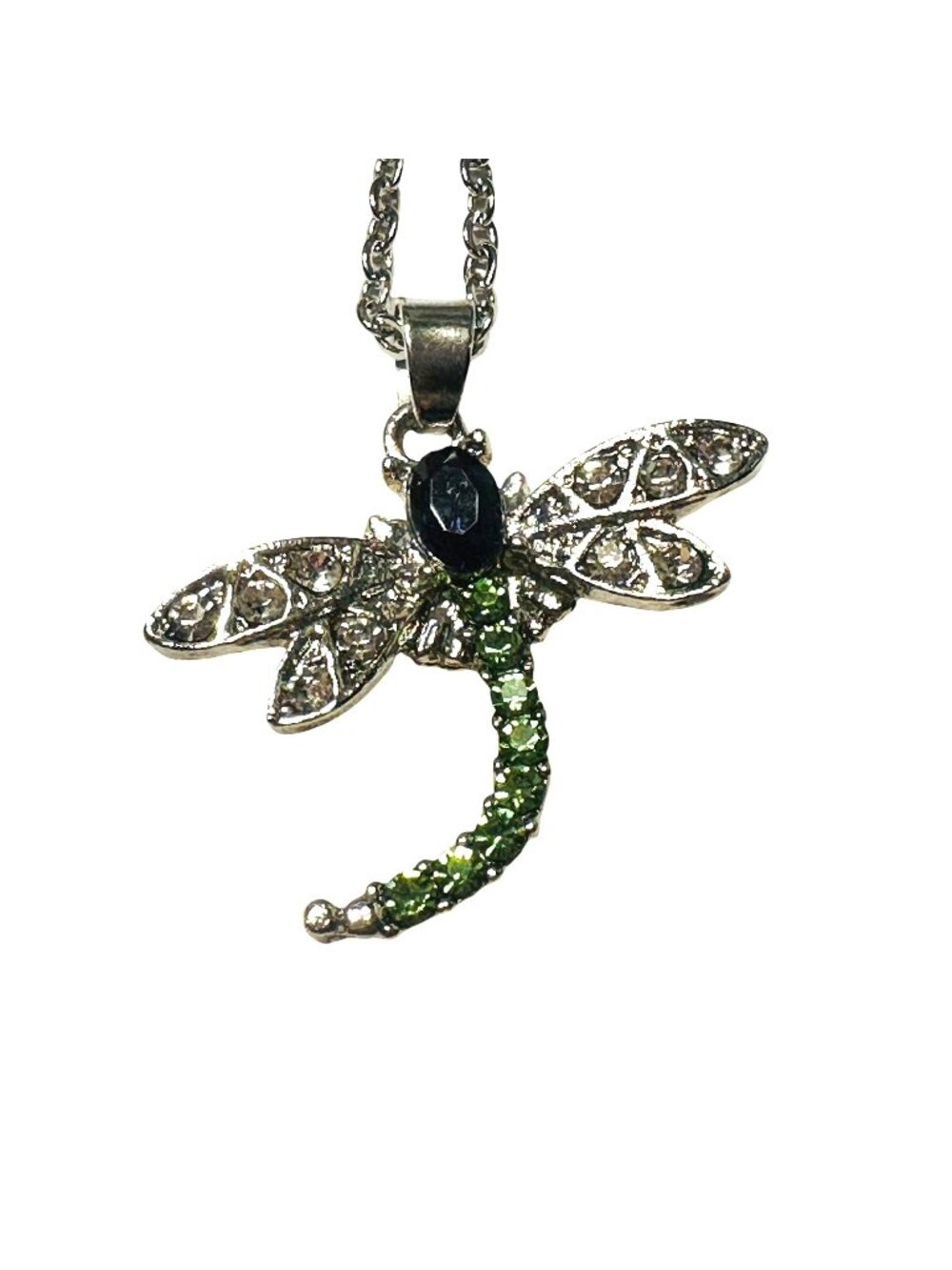 Dragonfly Pendant Necklace With Green & Clear Crystal Silver-Tone